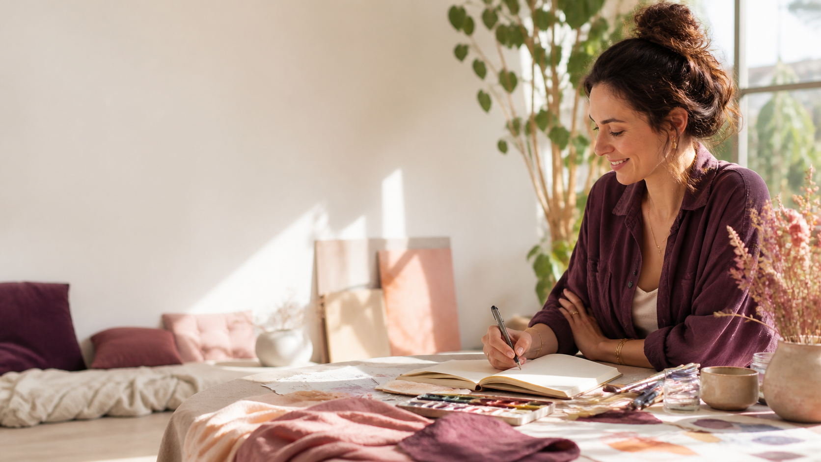 Creative studio moment with art materials and a notebook